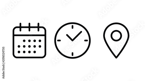 Konstfotografi Date, time, location address icon set