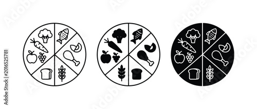 Bilde på lerret Healthy Food Groups Icons, Balanced Diet Plate Vector Set, Nutrition Chart Eleme