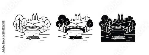 Tableau sur toile City Park Bridge, River, Boat, Trees, Skyline Icons