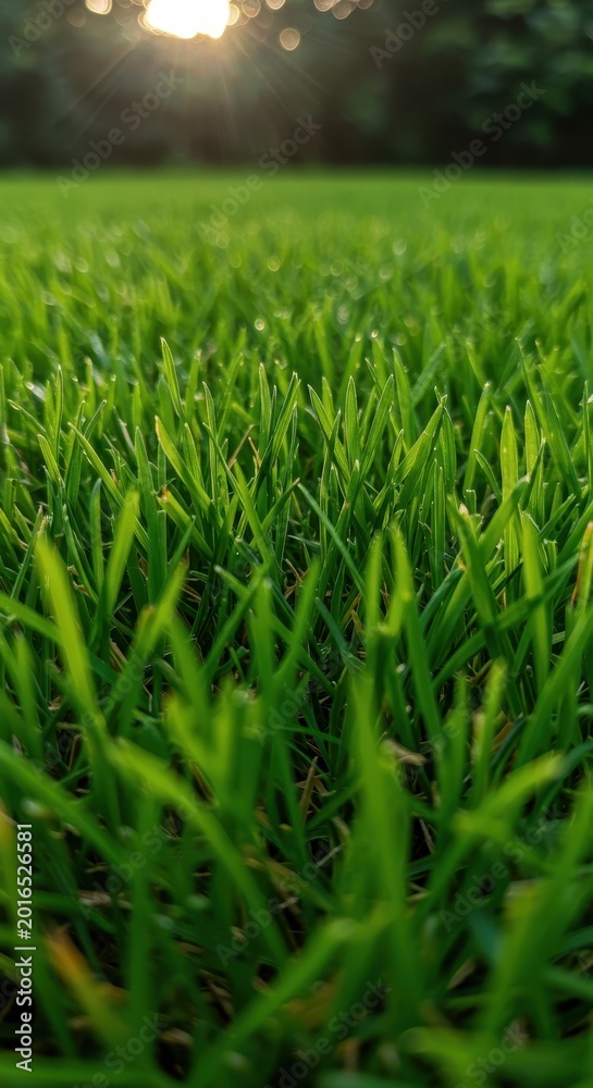 Obraz premium A very close macro view of vibrant, densely packed green lawn turf showing the detailed texture of the blades in natural light, growth, foliage, natural