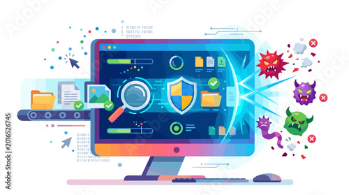 Cyber security protection concept with computer monitor and antivirus shield