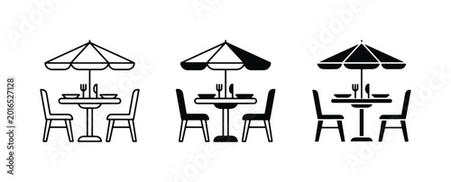 Konstfotografi Outdoor Dining Set Icons, Patio Table and Chairs, Restaurant Umbrella Graphics