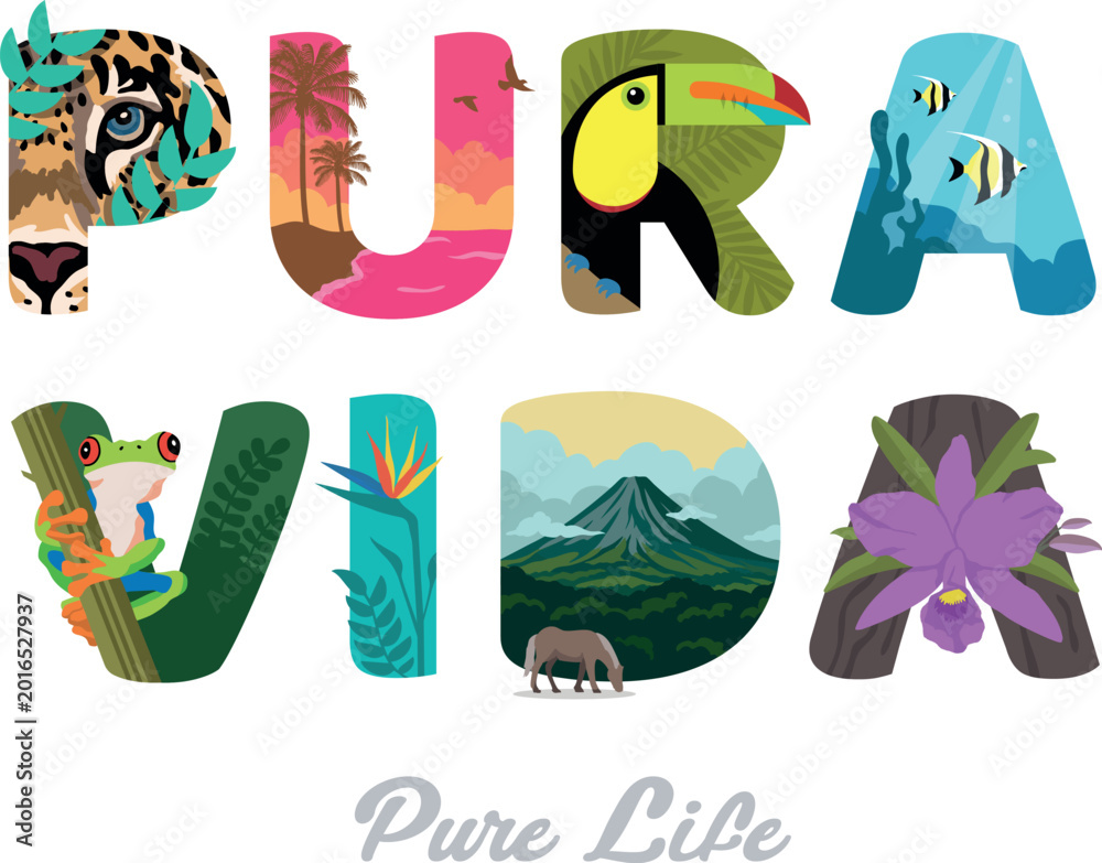 Obraz premium VECTORS. “PURA VIDA” letters (translated as “Pure Life” in English), a popular motto of Costa Rica. Featuring local animals and scenery. Perfect for t-shirts and any kind of souvenirs.