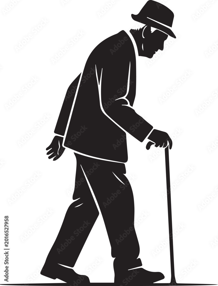 Naklejka premium Elderly man walking with cane on flat surface in silhouette