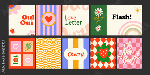 Tableau sur toile Retro illustrated cards quartet colorful vintage style design