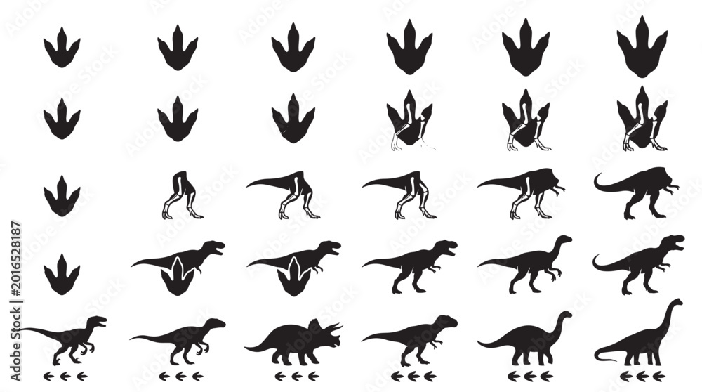 Fototapeta premium Footprint Creature Reconstruction Silhouettes Set Packs, Editable Vector Stroke Illustrations. containing dinosaur, silhouette, footprint, evolution, prehistoric, fossil and more Dinosaur silhouettes