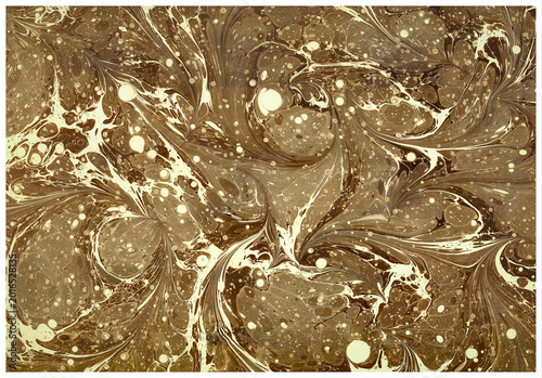 Cuadro en lienzo Intricate Turkish Ebru shawl marbling with feathered swirling patterns in brown and gold tones