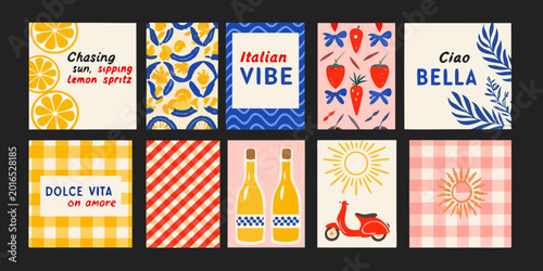 Italian summer themed card set vibrant vector illustrations on black background