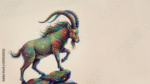 Ornate Colorful Ibex Goat on Rock with Arabic Calligraphy and Islamic Patterns - Premium Eid Al-Adha Qurban Background Concept with Copy Space