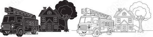 Photos fire truck and house illustration black and white line drawing on white backgrou