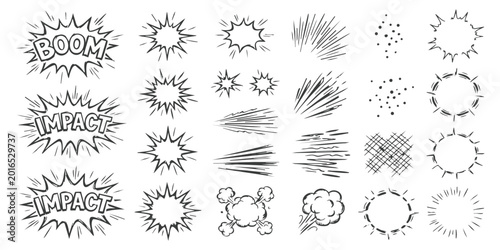 Quadro su tela Set of hand drawn comic book explosion and speed effect elements with boom and i