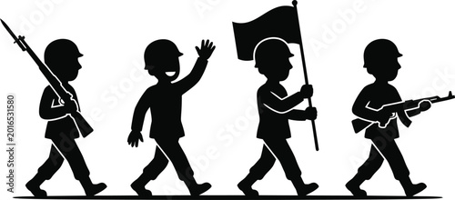 Obraz na płótnie Silhouette of soldiers marching in formation with varied poses