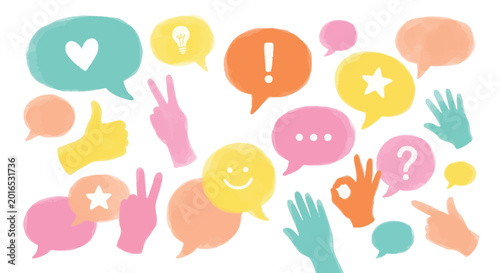 watercolor hands and speech bubbles colorful illustration on white background
