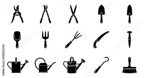 Vászonkép Garden tools icon set, 15 black silhouette gardening equipment vectors, professi