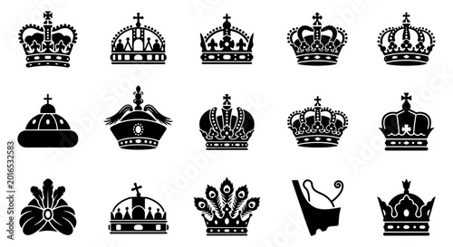 Konstfotografi Royal crown icons set, 15 black silhouette imperial headwear symbols, vintage mo