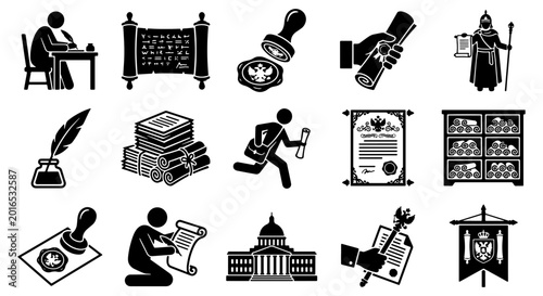 Obraz na płótnie Historical government and law icons set, 15 black vector pictograms of ancient s
