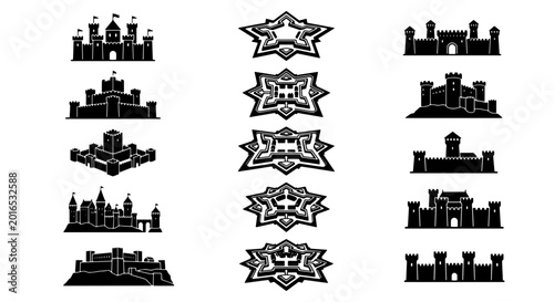 Bilde på lerret Medieval castle silhouettes and star fort icons, set of 15 black vector fortress