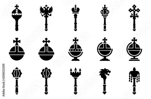 Schilderij op canvas Royal regalia icons set, 15 monarch scepter and globus cruciger vector silhouett