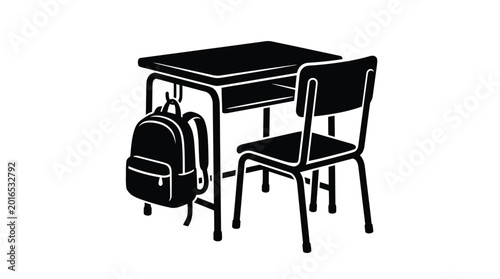 Konstfotografi School desk and chair with backpack black silhouette on white