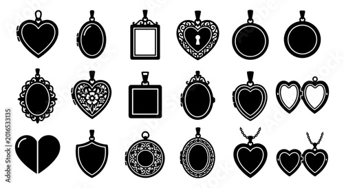 Fotografi Vintage locket pendant icons set, 18 antique jewelry silhouettes, heart and oval