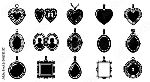 Fotografie Vintage locket necklace icons, 15 antique jewelry pendant vector set, ornate hea