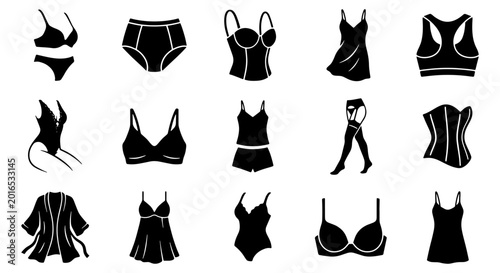 Schilderij op canvas Lingerie and underwear icon set, 15 black female intimate apparel vector silhoue