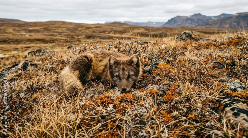 Fototapeta premium Arctic Fox Camouflaged in Autumnal Landscape - A Study in Survival and Adaptation.