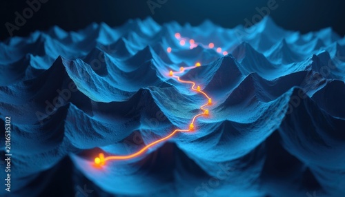 Abstract 3d terrain with orange path connecting glowing waypoints. Digital topographic landscape shows mountainous route for navigation and planning. Futuristic journey ahead.