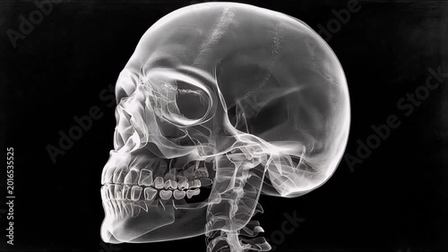 Skull x-ray showing detailed structure of human head and neck area during a medical examination in a hospital setting
