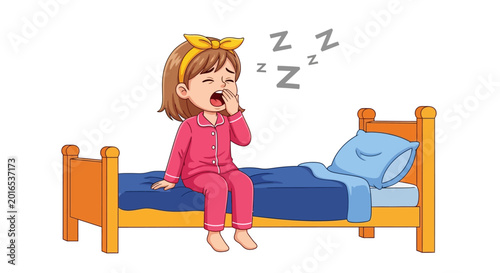 Fotografia Cartoon child yawning in bed, sleepy kid vector illustration, tired child in paj