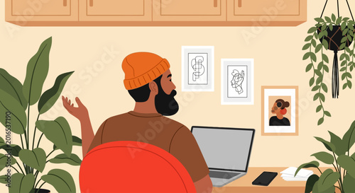 Fotografie Remote worker, home office, man with laptop, plants, modern workspace, illustrat