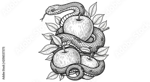 Foto Vintage snake, wrapped apples, leaves