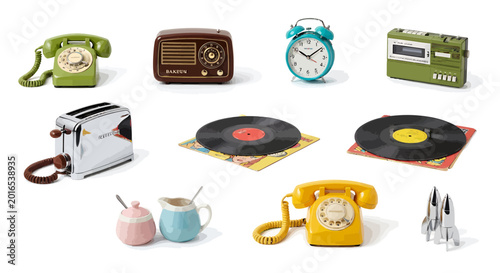 Retro kitchen and office objects on white background