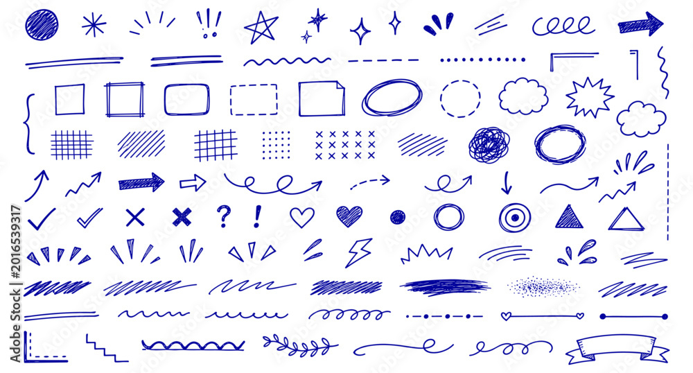 Fototapeta premium Blue ball pen scribble doodle collection with notebook sketch lines, squiggle underlines, hand drawn journal marks, school note elements, abstract pen strokes and vector illustration