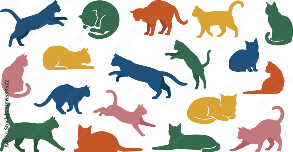 Obraz premium Colorful Cat Silhouettes Collection Featuring Playful Felines Jumping Running Sleeping and Sitting Isolated Minimalist Flat Vector Illustrations for Pet Lovers