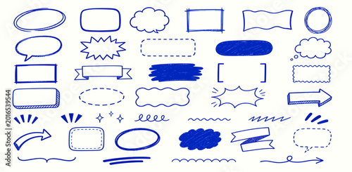 Billede på lærred Blue pen doodle text boxes and speech bubble collection on notebook background