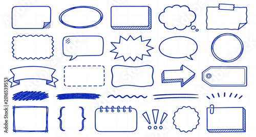 Obraz na płótnie Blue pen doodle text boxes and speech bubbles on notebook paper background
