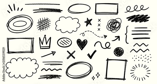 Fototapeta Hand drawn crayon doodle highlights and underline marks with scribble arrows, sketch circles, charcoal hatch texture and playful scrapbook emphasis elements. Vector illustration.