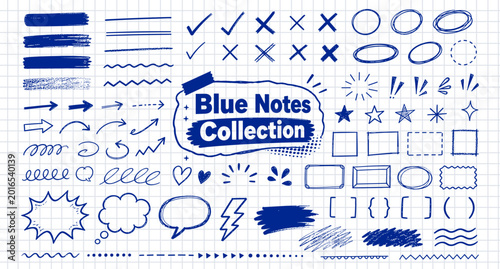 Obraz na plátně Hand drawn blue highlight strokes, notebook underlines and check mark doodle elements for study notes, journal emphasis shapes, scribble circles and checkered paper vector illustration