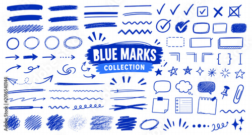 Schilderij op canvas Blue pen underline and highlight doodle collection with hand drawn notebook marks, circles, arrows and checkered paper shapes for study notes and journal vector illustration