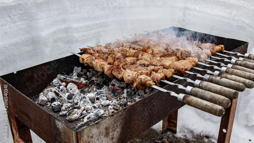 Shashlik grilling on a brazier. Barbecue and grilled meat. Side view.