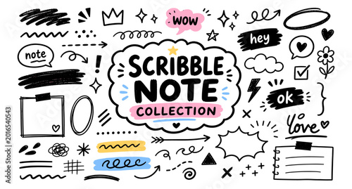 Fotografie Hand drawn scribble doodle symbols and note elements set with childish crayon sketches, funky journaling shapes, handwritten text marks, arrows, stars and sketch textures