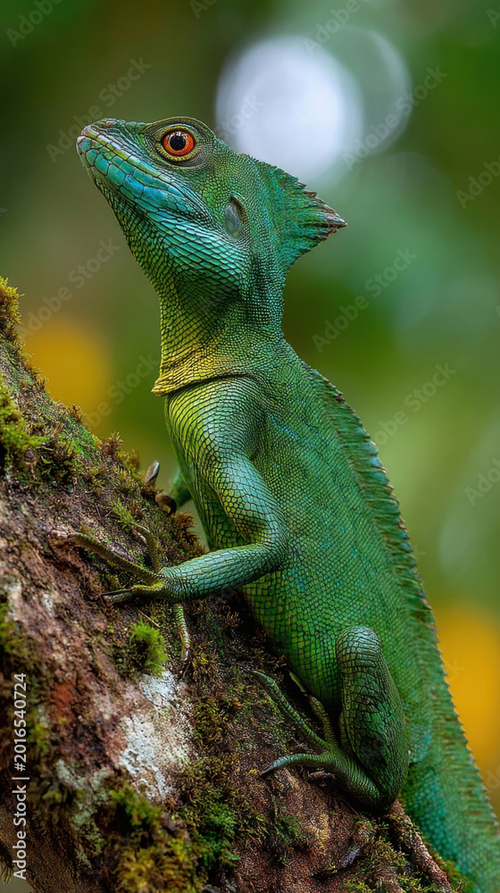 Fototapeta premium Vibrant Green Basilisk Lizard Perched on a Mossy Tree Branch in the Tropical Rainforest, Profile View of Exotic Reptile with Red Eye and Crest on Blurred Forest Background