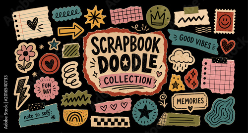Принти на полотні Funky scrapbook doodle sticker collection with torn paper collage, crayon scribbles, hand drawn arrows, stars and playful notebook shapes