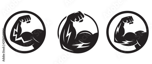 Strong bicep muscle icons with bolt and circle border, fitness and strength symbol, strong arm