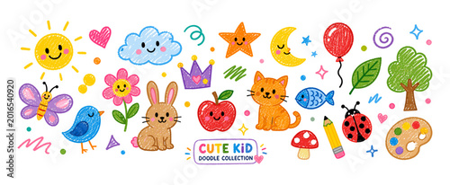 Quadro su tela Cute crayon doodle seamless pattern with rainbow, flowers, stars and playful kids scribbles