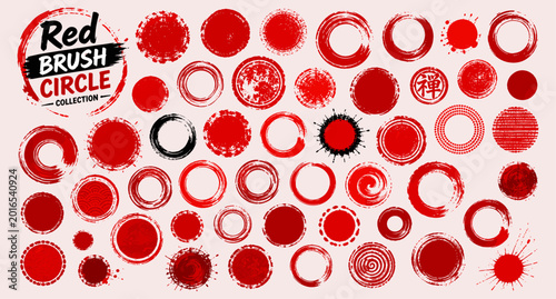 Bild auf Leinwand Japanese red brush stroke circles and rough ink stamp set