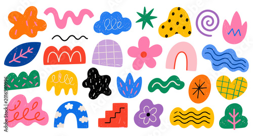 фотографія Fun colorful chalk doodles and marker scribble elements set with childish stars, crowns, grids and abstract squiggle shapes
