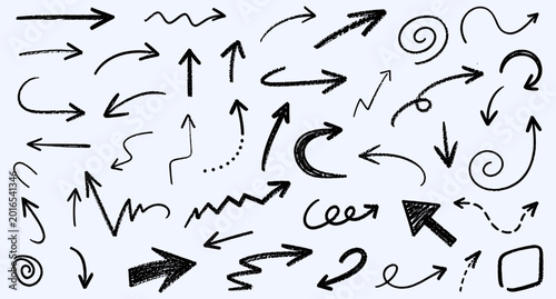 Canvastavla Crayon drawn scribble arrow set for journaling, sketch notes, diagram pointers, rough chalk doodle strokes, curved and wavy direction signs, black hand drawn marker arrows