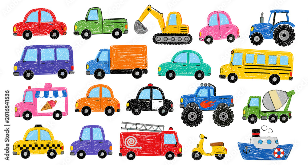 Fototapeta premium Crayon drawn naive funky kids cars collection with colorful cartoon vehicles, childish transport doodles, cute toy automobile sketches, playful school bus vector illustration